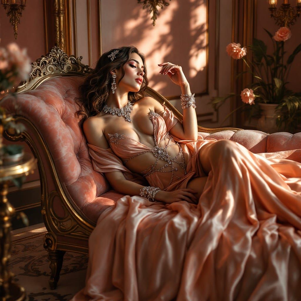 Art Nouveau Model Lounging in Pink