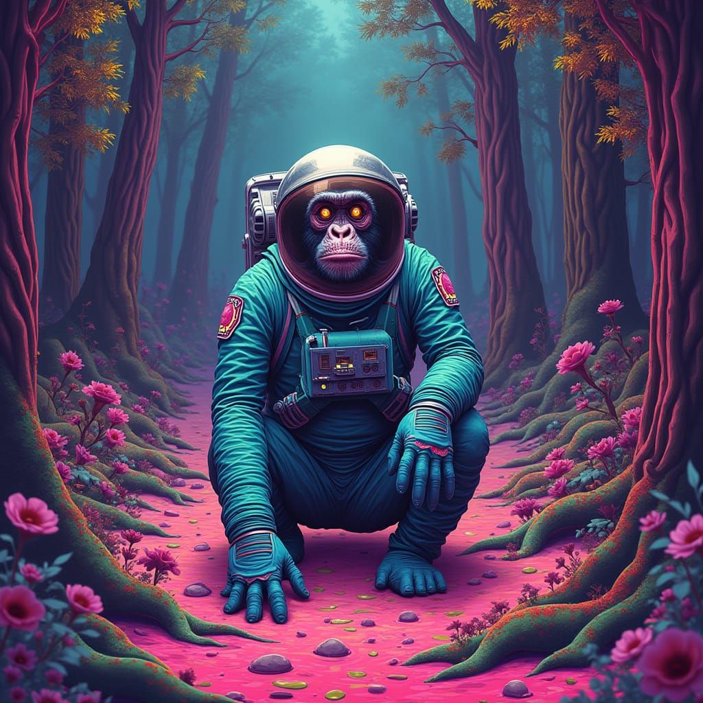 Astronaut Ape in Psychedelic Melting Forest