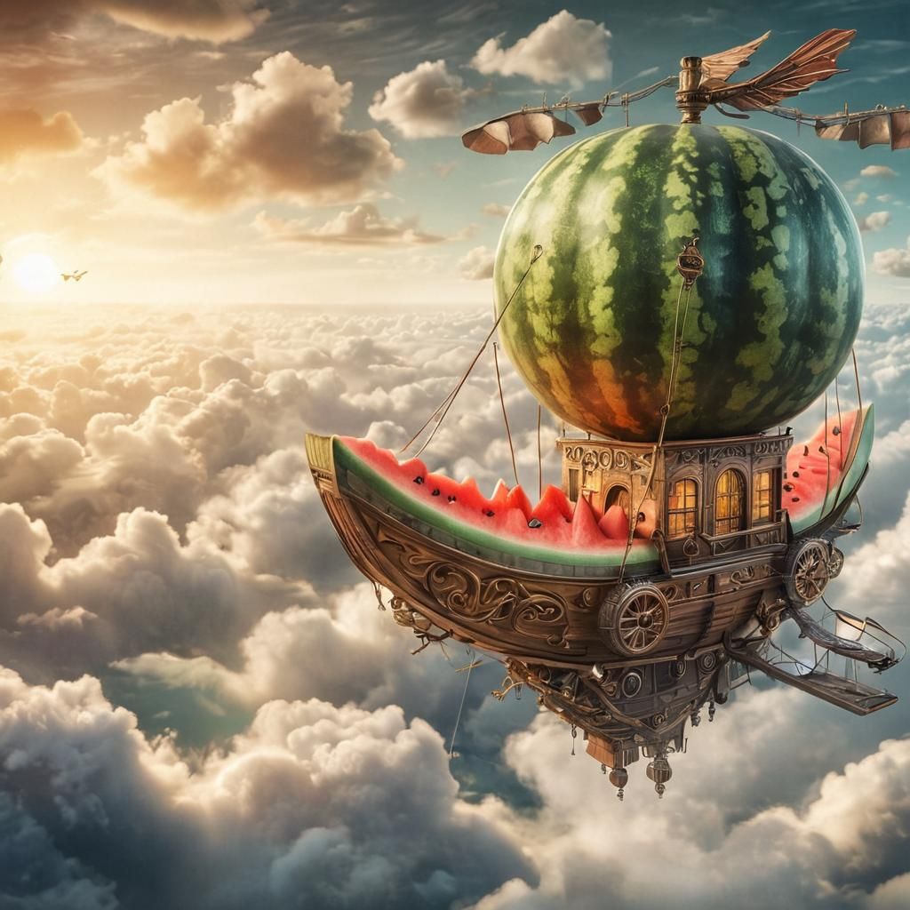 Steampunk Watermelon Gondola Sinking into Clouds