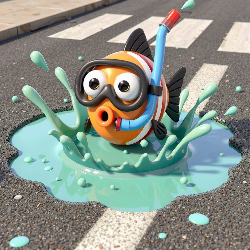 Quirky Cartoon Fish in a Splashy Street Scene