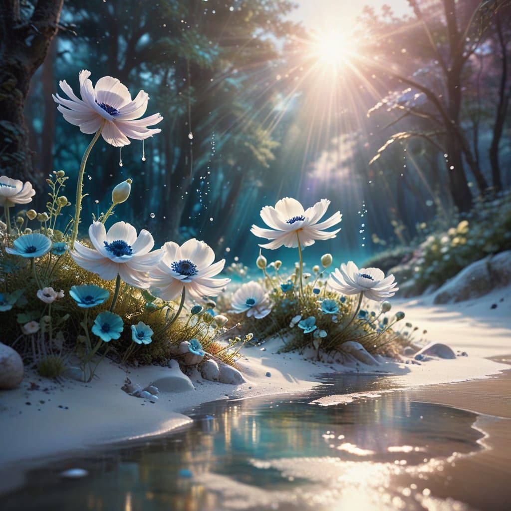 Surreal Beach Scene with Anemones and Ethereal Realms
