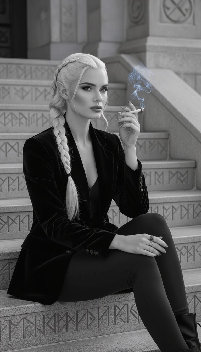 Moody B&W Elven Woman Portrait on Rune Steps