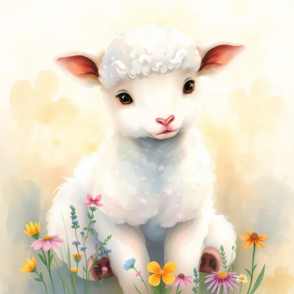 Delicate Lamb in Whimsical Watercolor Style
