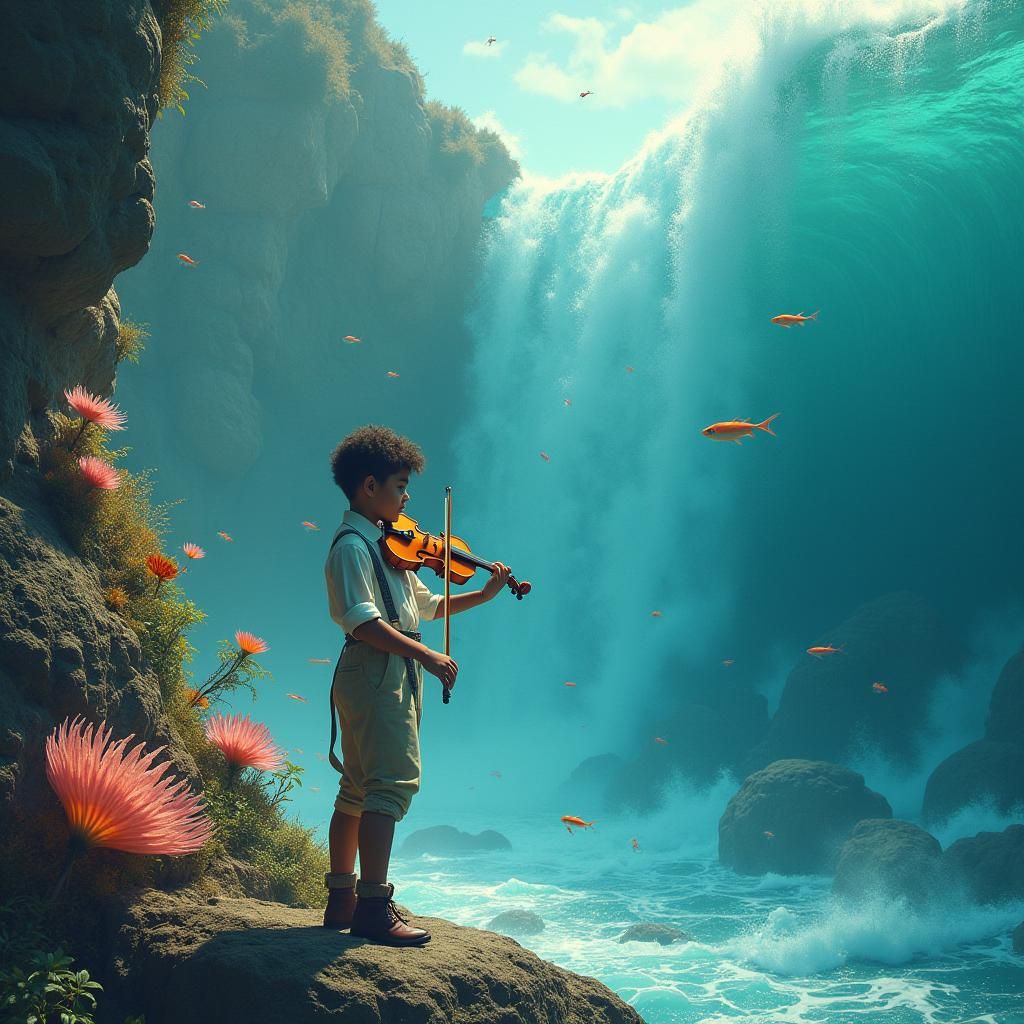 Boy's Seaside Violin Serenade: Digital Matte Painting
