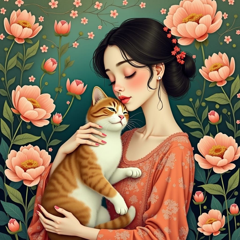 Woman with Cat in Flower Garden Art Nouveau