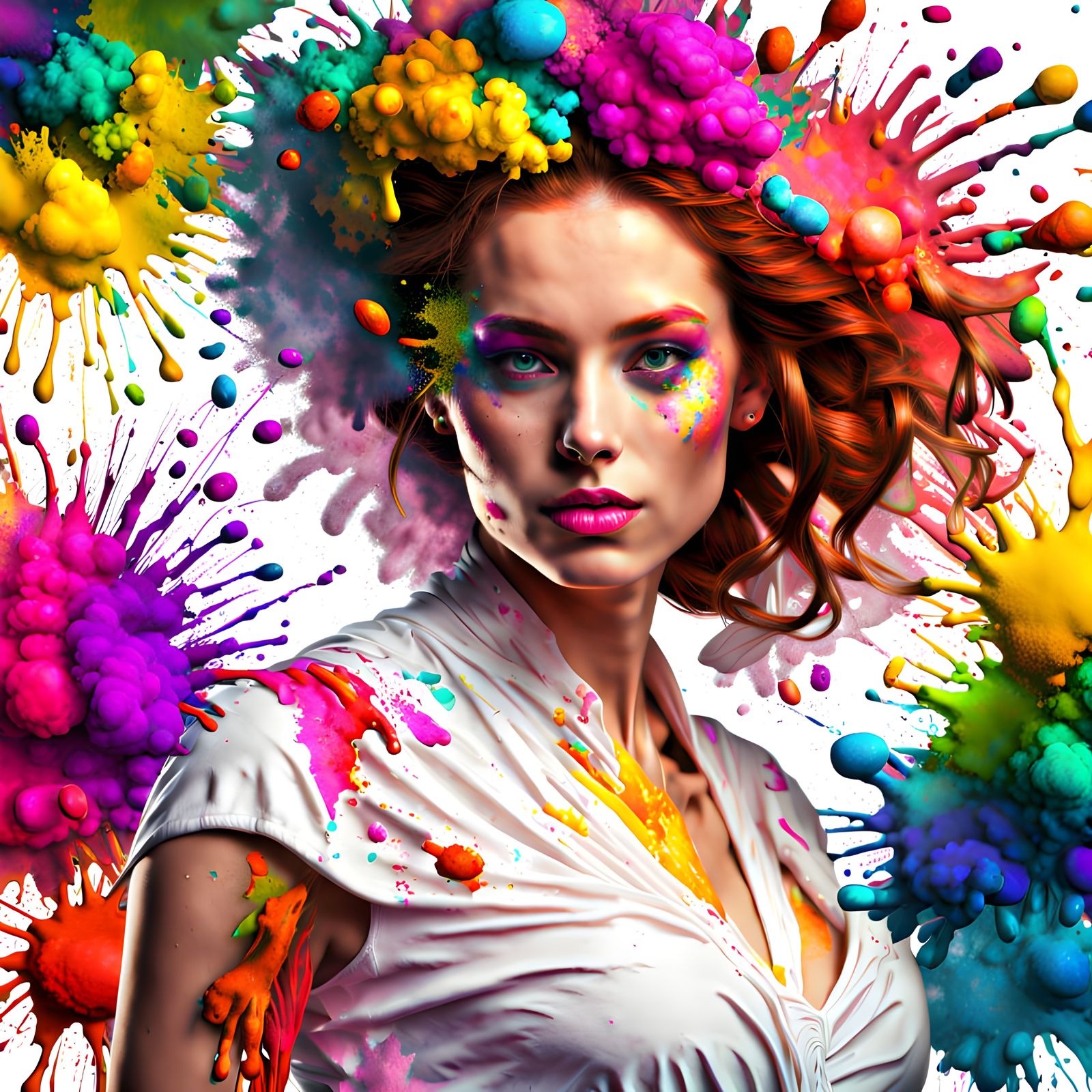 Woman in Colorful Paint Splatter Photoshoot
