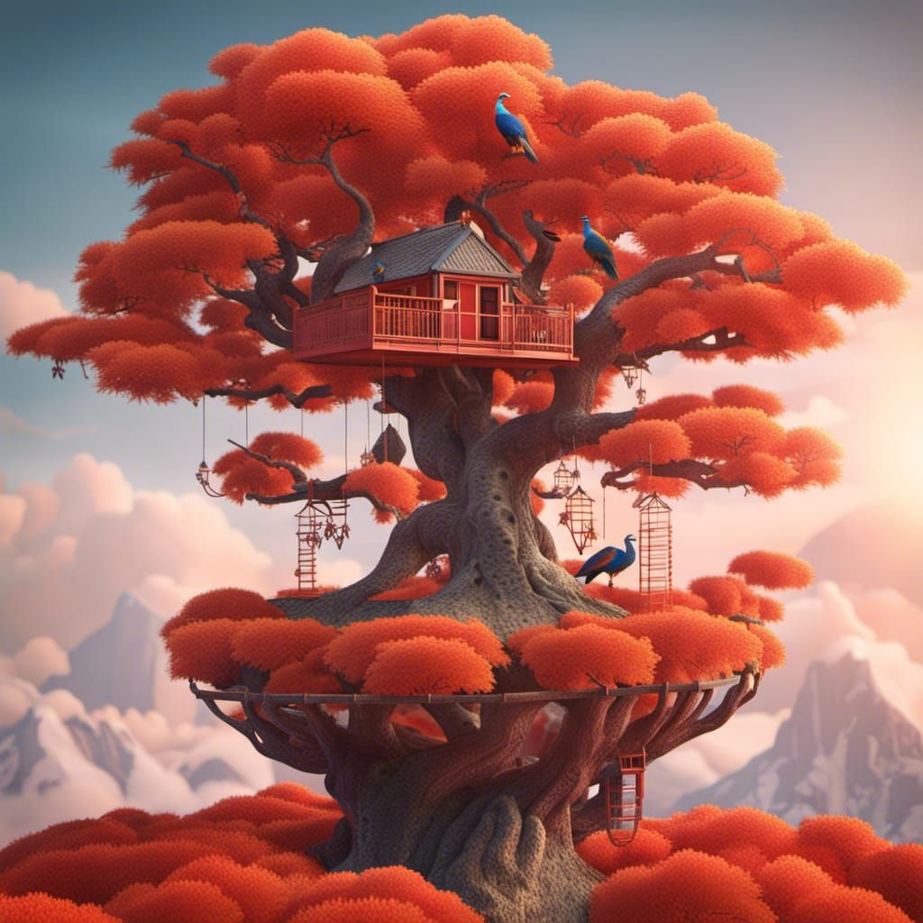 Peacock Eagle Over Bonsai Tree House: 3D Render