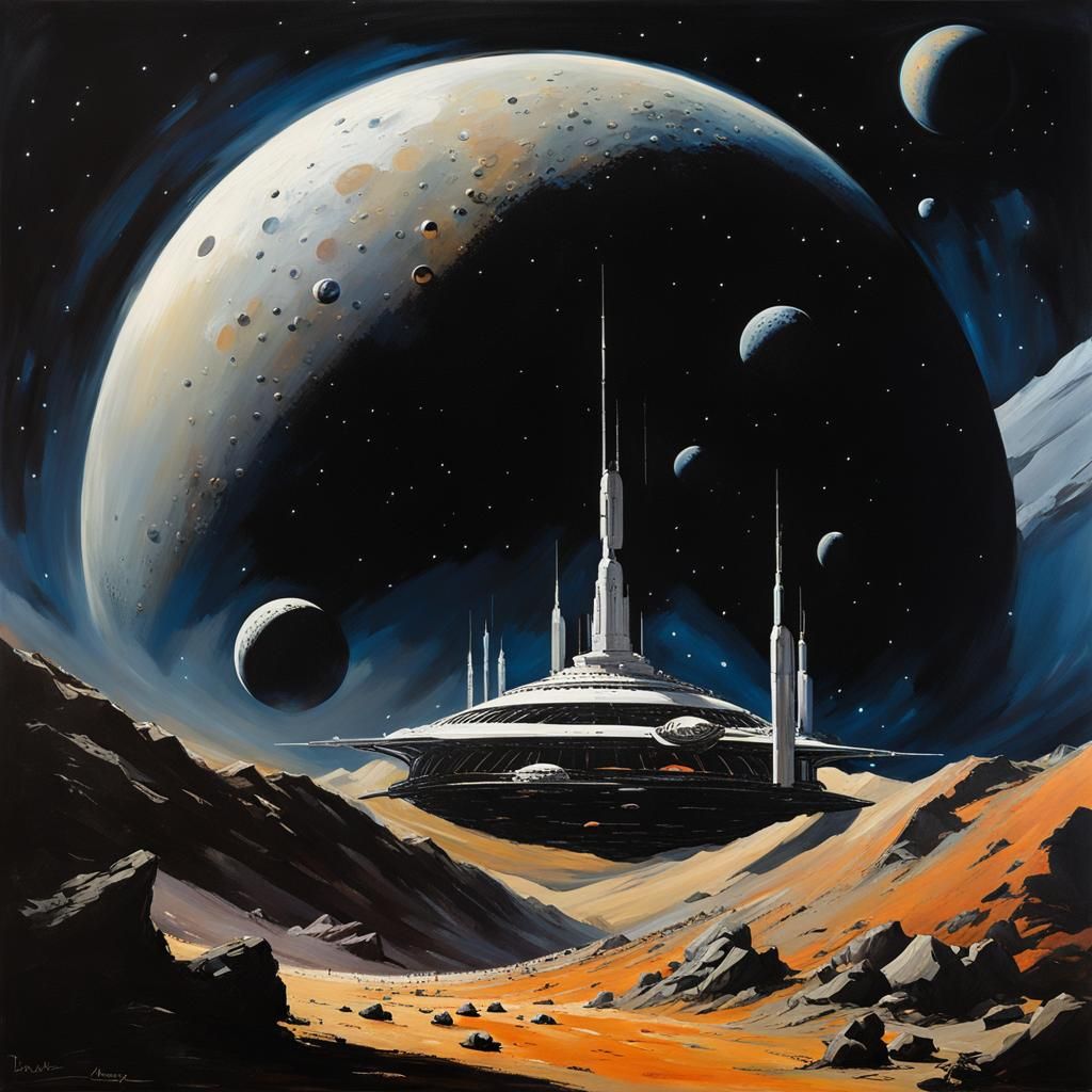 painting in the style of John Berkey; a domed colony on the ...
