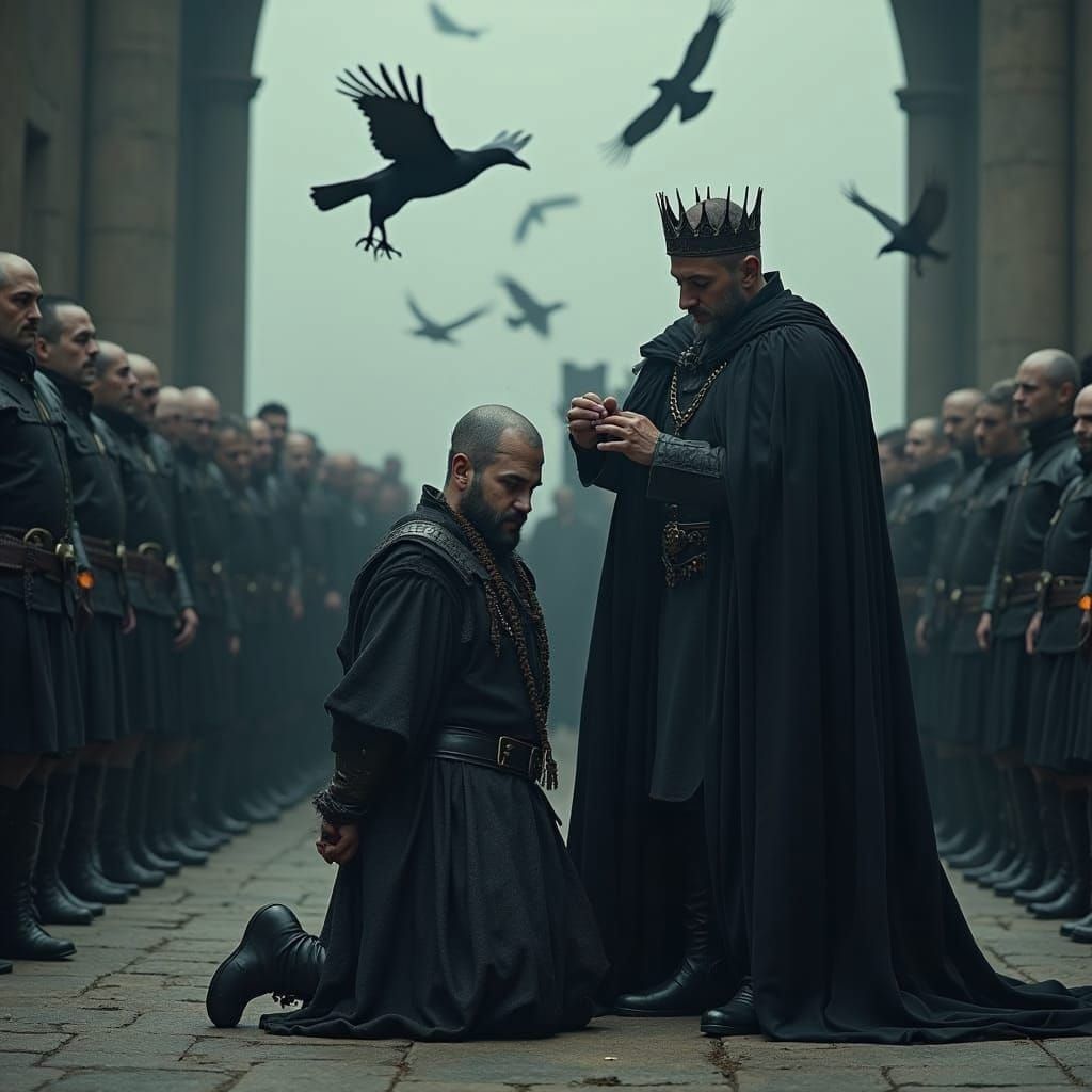 Regicide Scene: Cinematic Film Still with Wolves