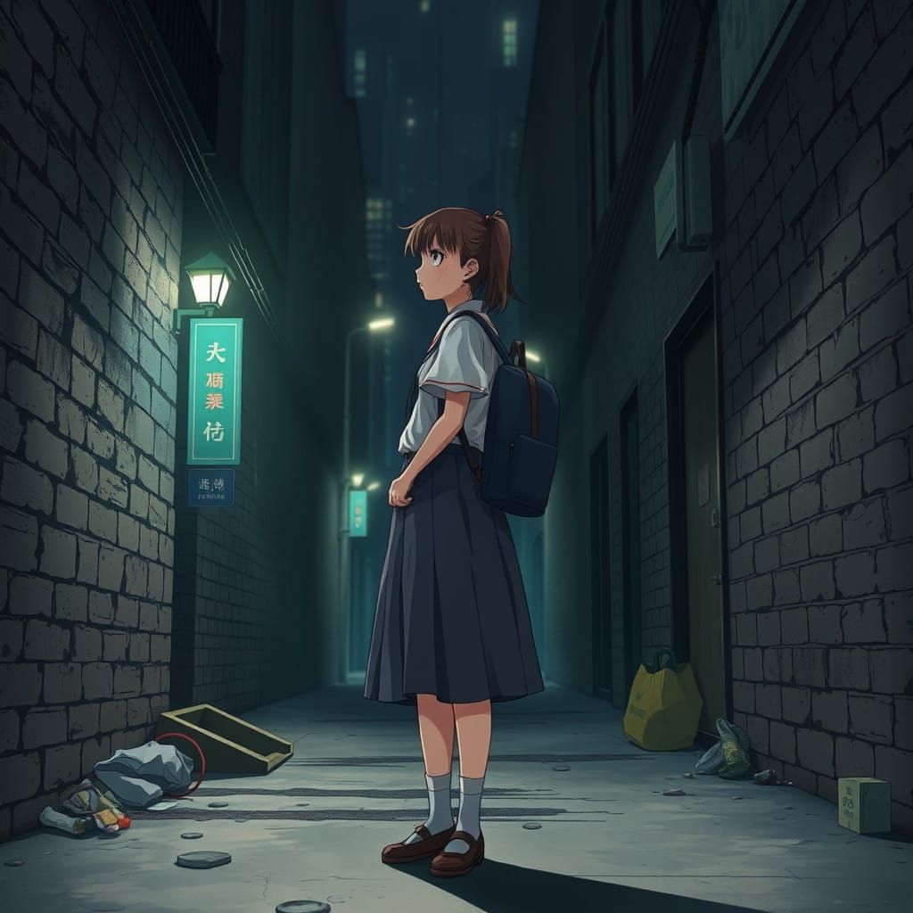 Girl Confronts Shadows in City Alley