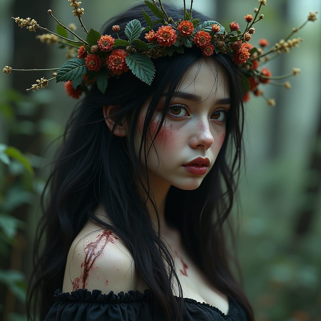 Dark Woodland Fairy with Siren Eyes, Matte Painting Style