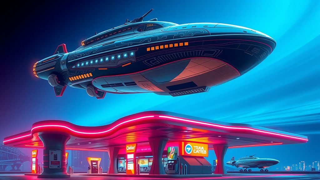 Alien Starship Refuels at Futuristic Gas Station