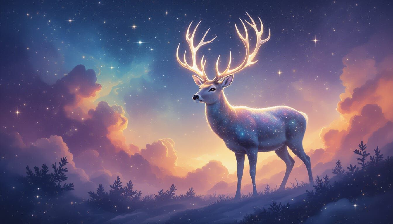 Stardust Deer in Dreamlike Surrealism Oil Painting