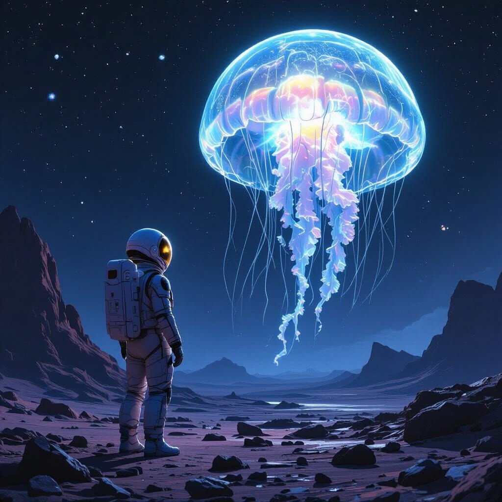Astronaut and Bioluminescent Jellyfish on Alien Planet