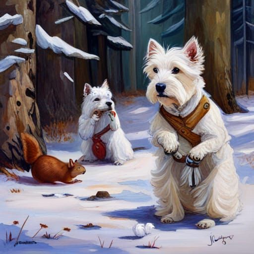 Westie Defends Territory From Squirrels: Oil Painting