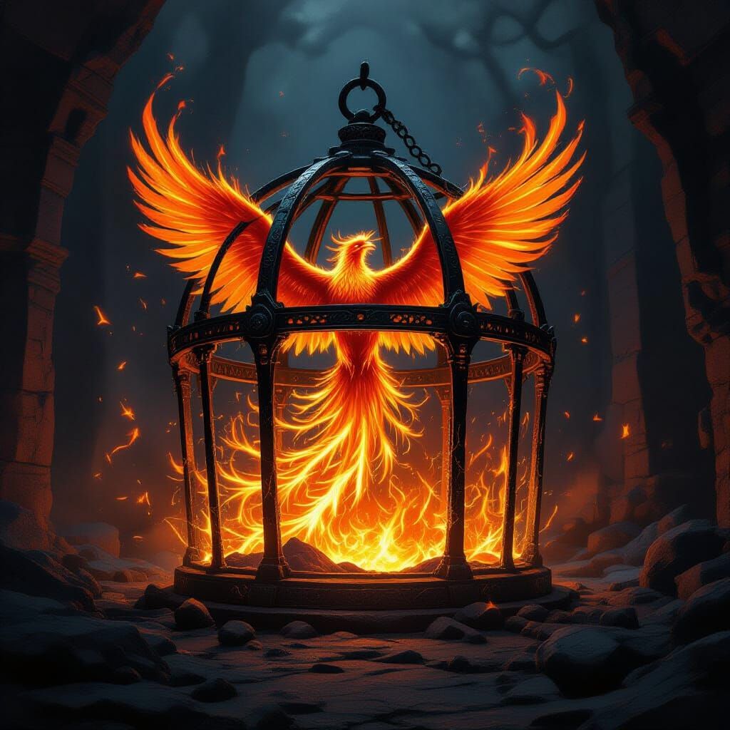 Phoenix Escapes Volcanic Glass Cage in Fiery Burst