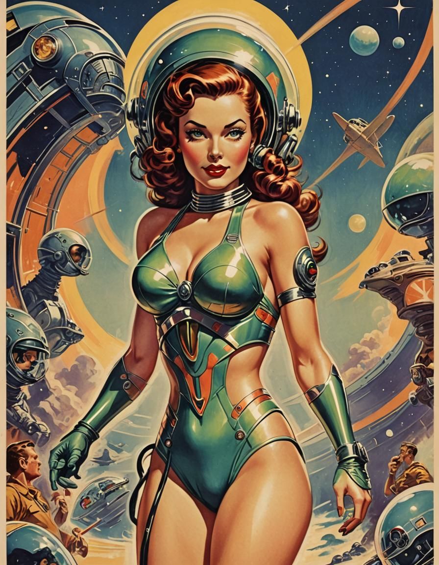Retro Female Alien Astronaut Poster in Art Deco Style