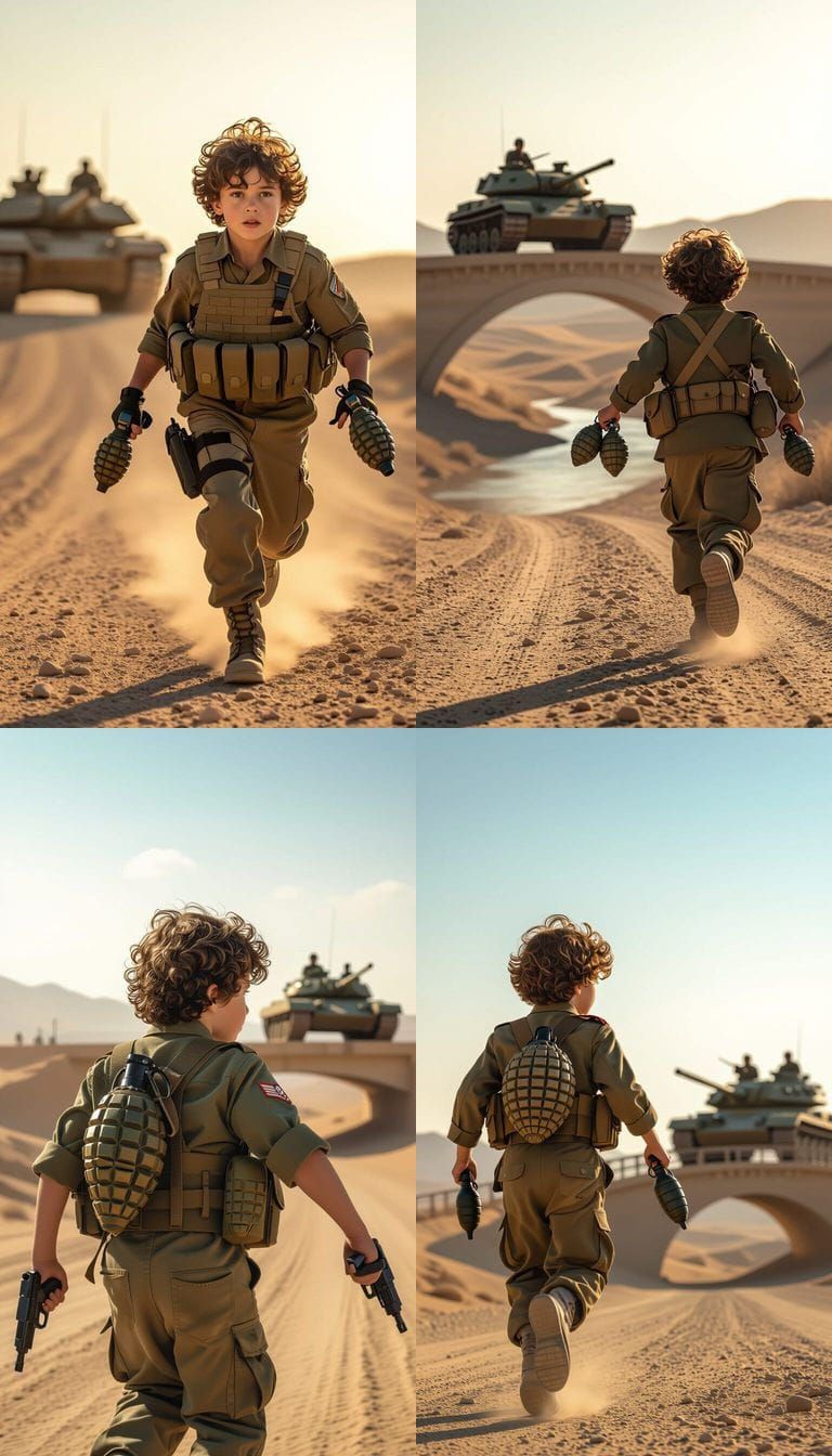 Young Soldier Running Towards Bridge with Grenades