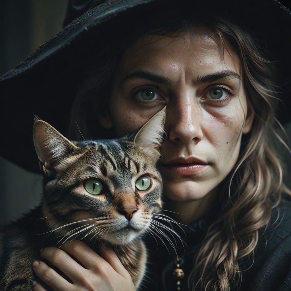 Witch and Cat Close Up Portrait in Moody Ambient Light