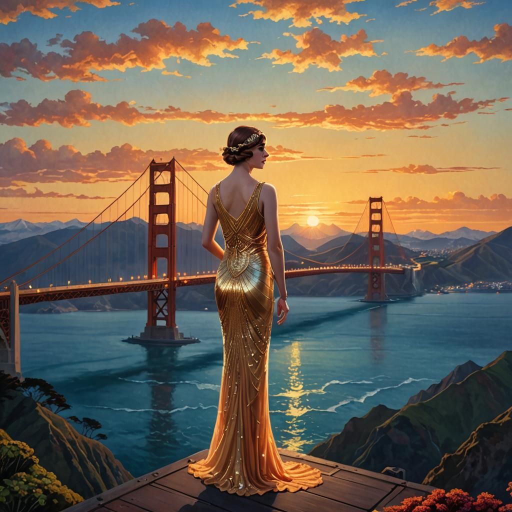 Flapper on Golden Gate Bridge in Art Deco Style