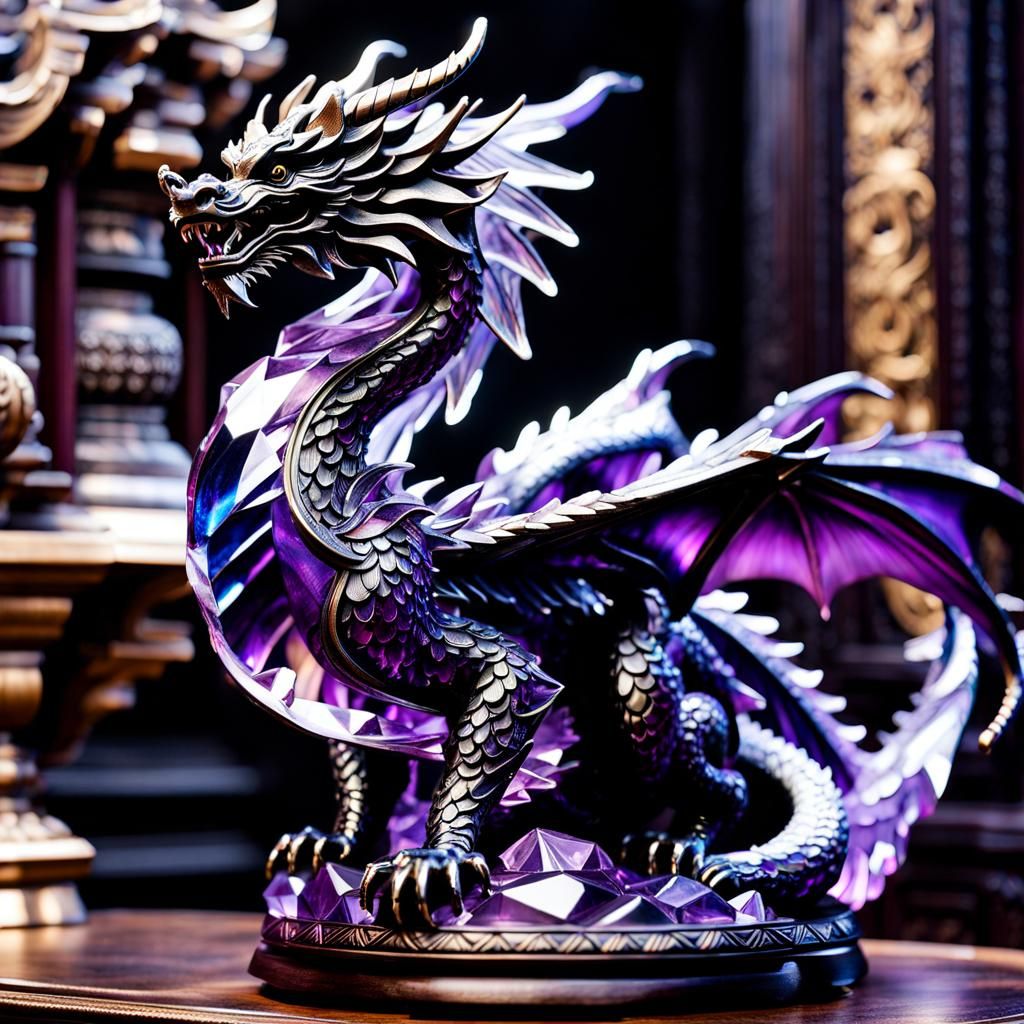 Hyperrealistic Crystal Dragon Figurine in Chinese Library