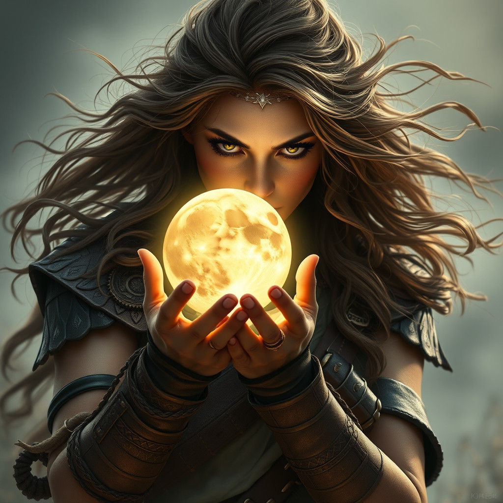Barbarian Maiden with Moon, Digital Art