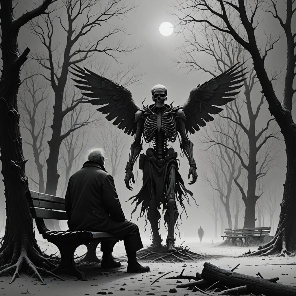 The Angel of Death in a Haunting Charcoal Landscape