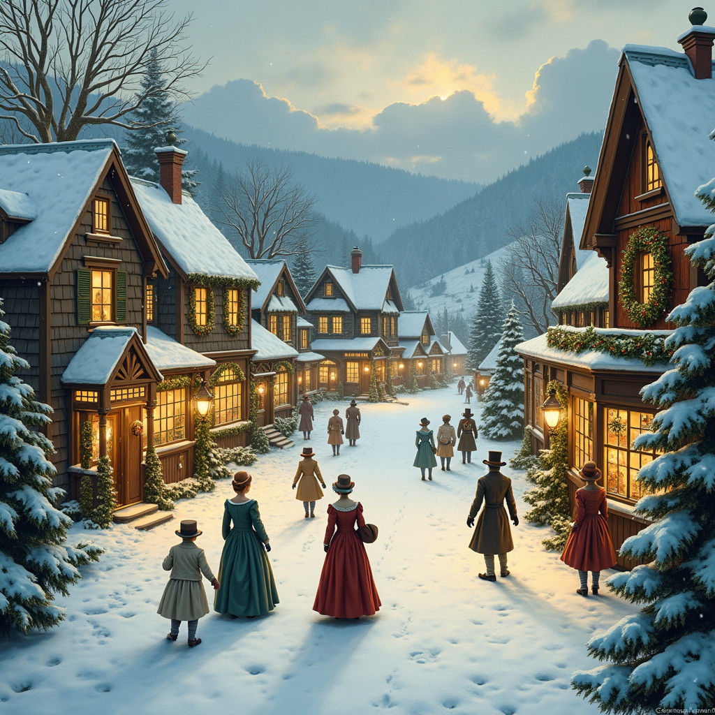 Victorian Christmas Village Scene with Falling Snowflakes