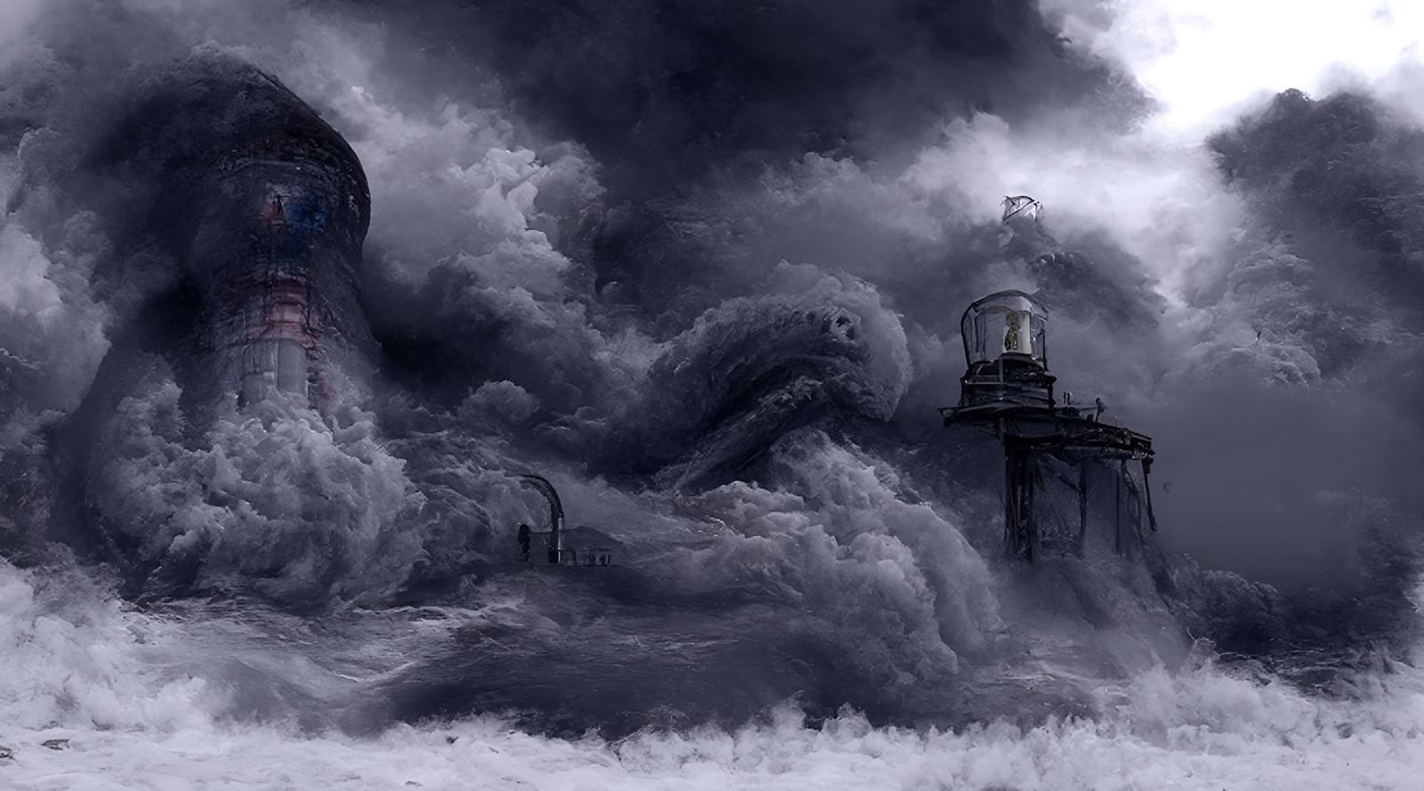 Octopus and Lighthouse on Stormy Seas