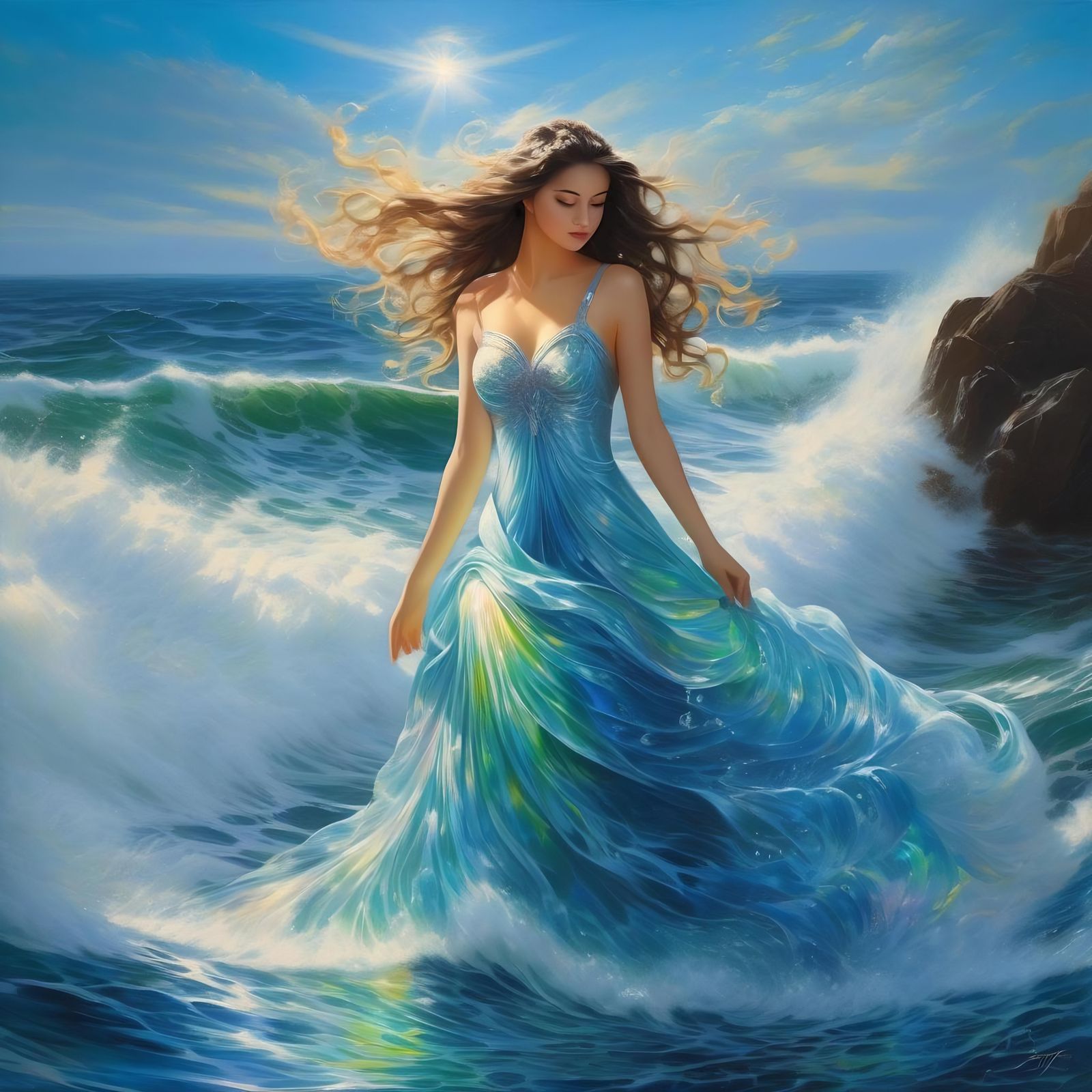 Water Fairy in Iridescent Painterly Seascape