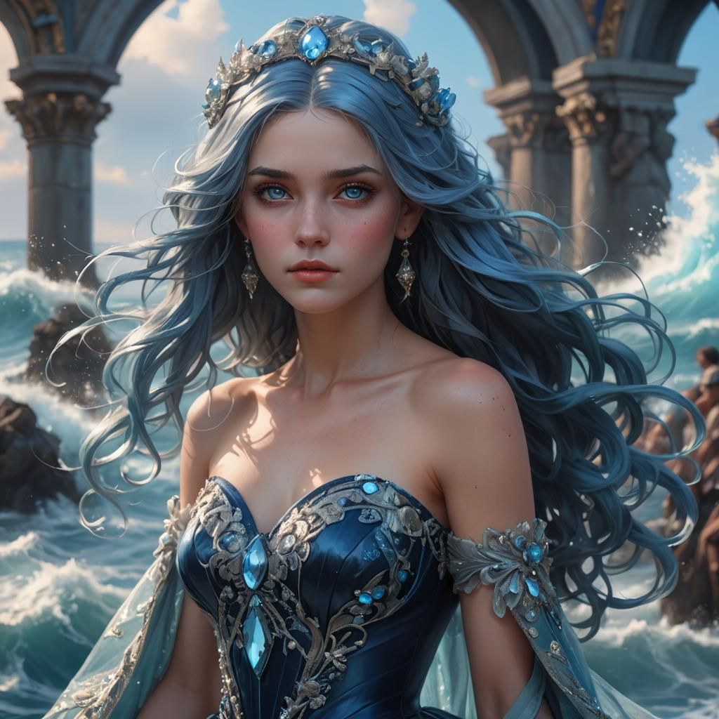 Ocean Woman Portrait in Hyperdetailed Art Nouveau Style