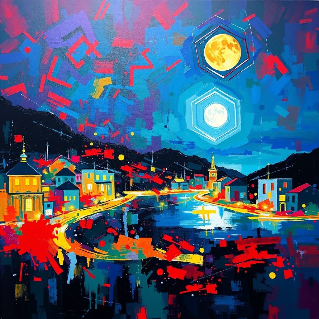 Abstract Cityscape at Night with Full Moon in Rothko Style