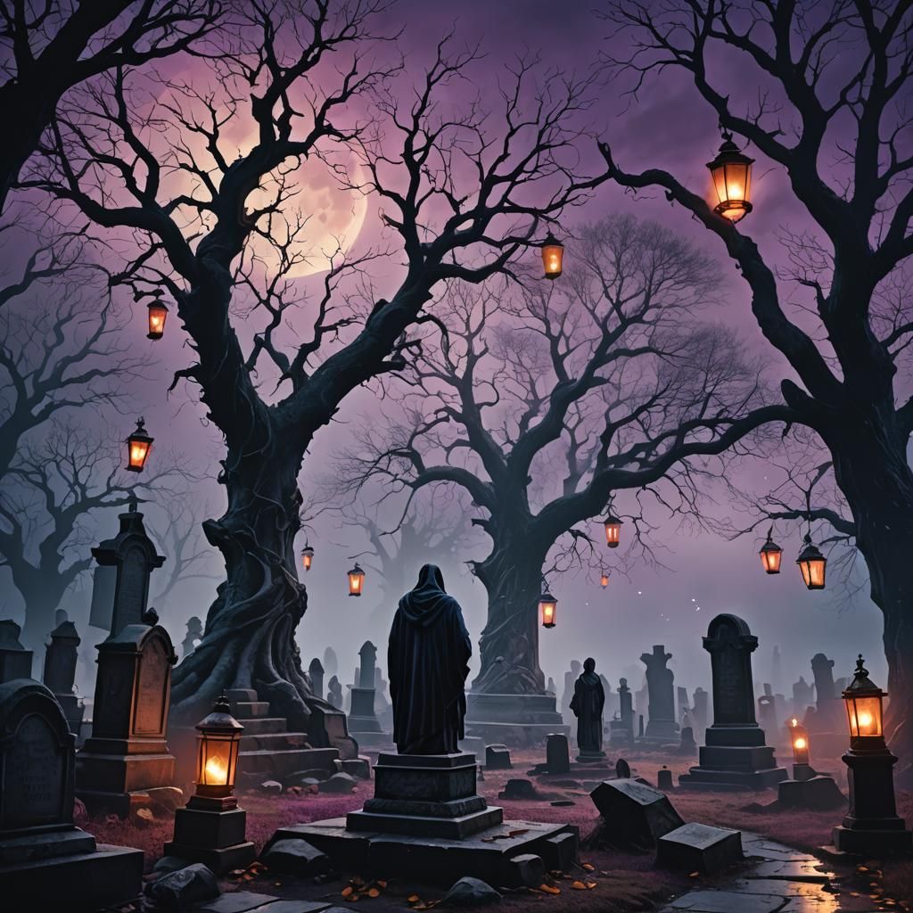 Dark Fantasy Graveyard with Mourners, Atmospheric Concept Ar...