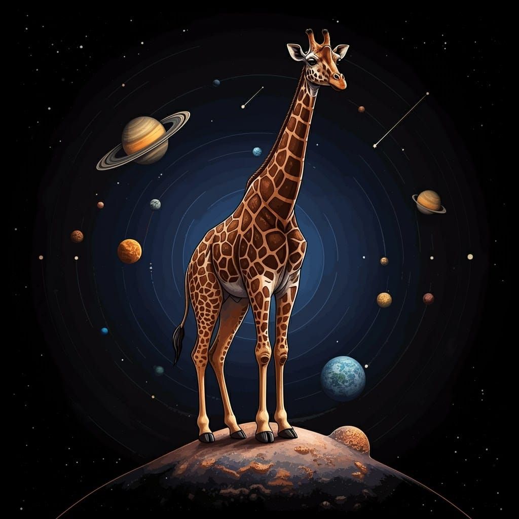 Steampunk Giraffe in Solar System, Vector Art