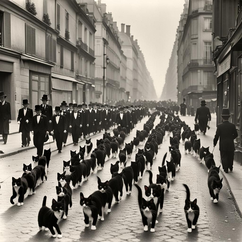 Tuxedo Cats Marching in Paris, 1945