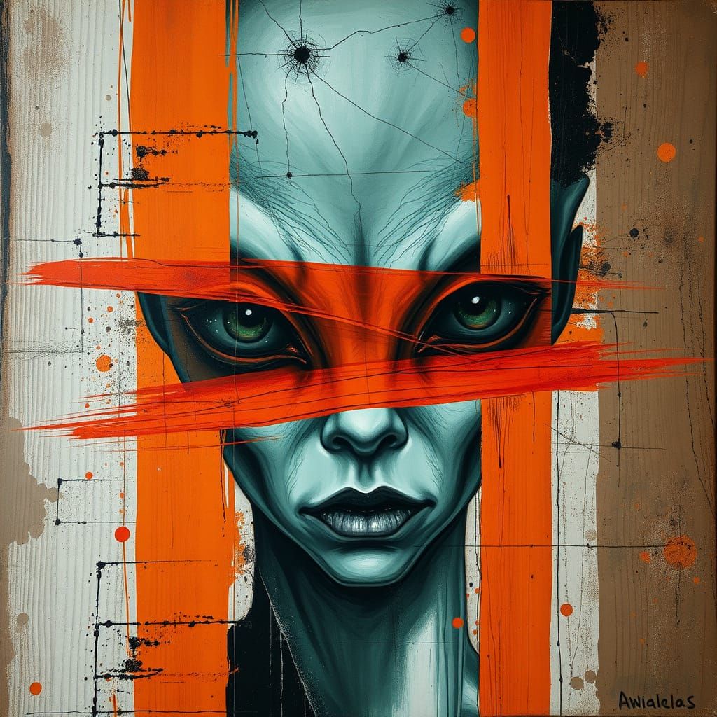 Abstract Alien Portrait in Mixed Media Style