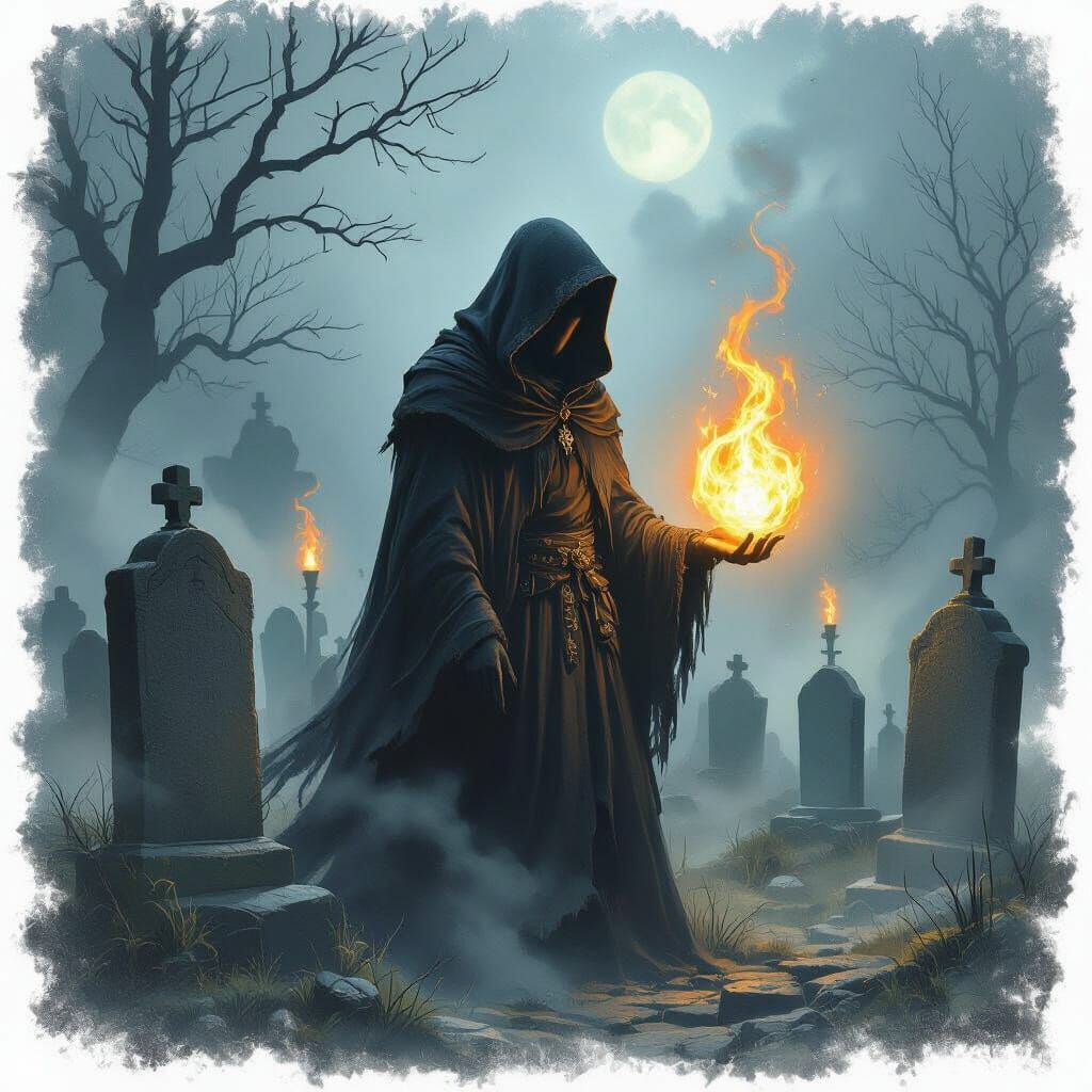 Mysterious Figure Holds Ethereal Fire Orb in Misty Graveyard