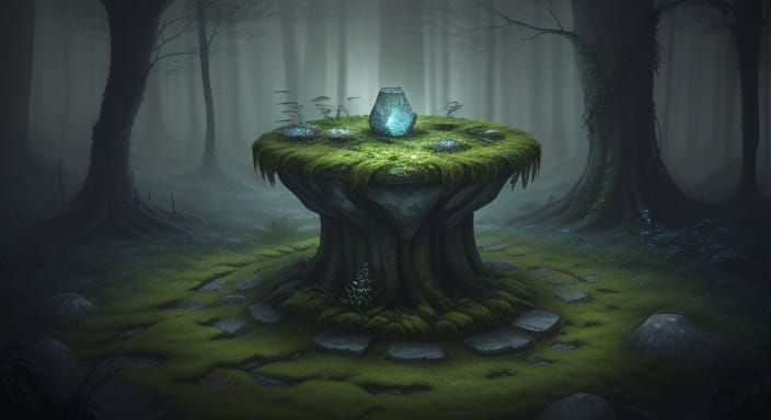 Mysterious Glowing Rune Stone in Dark Forest