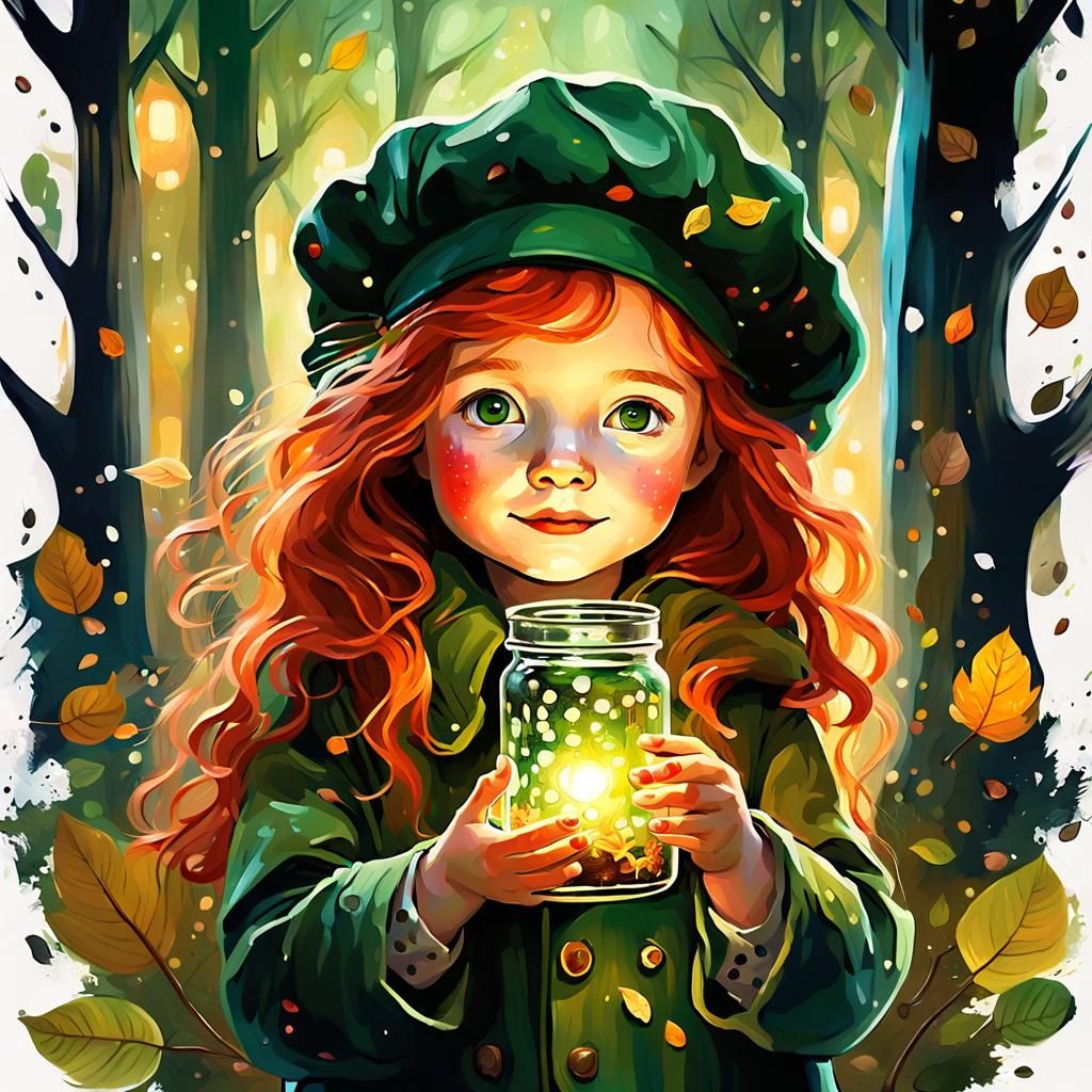Enchanted Forest Toddler with Fireflies, Painterly Fantasy A...