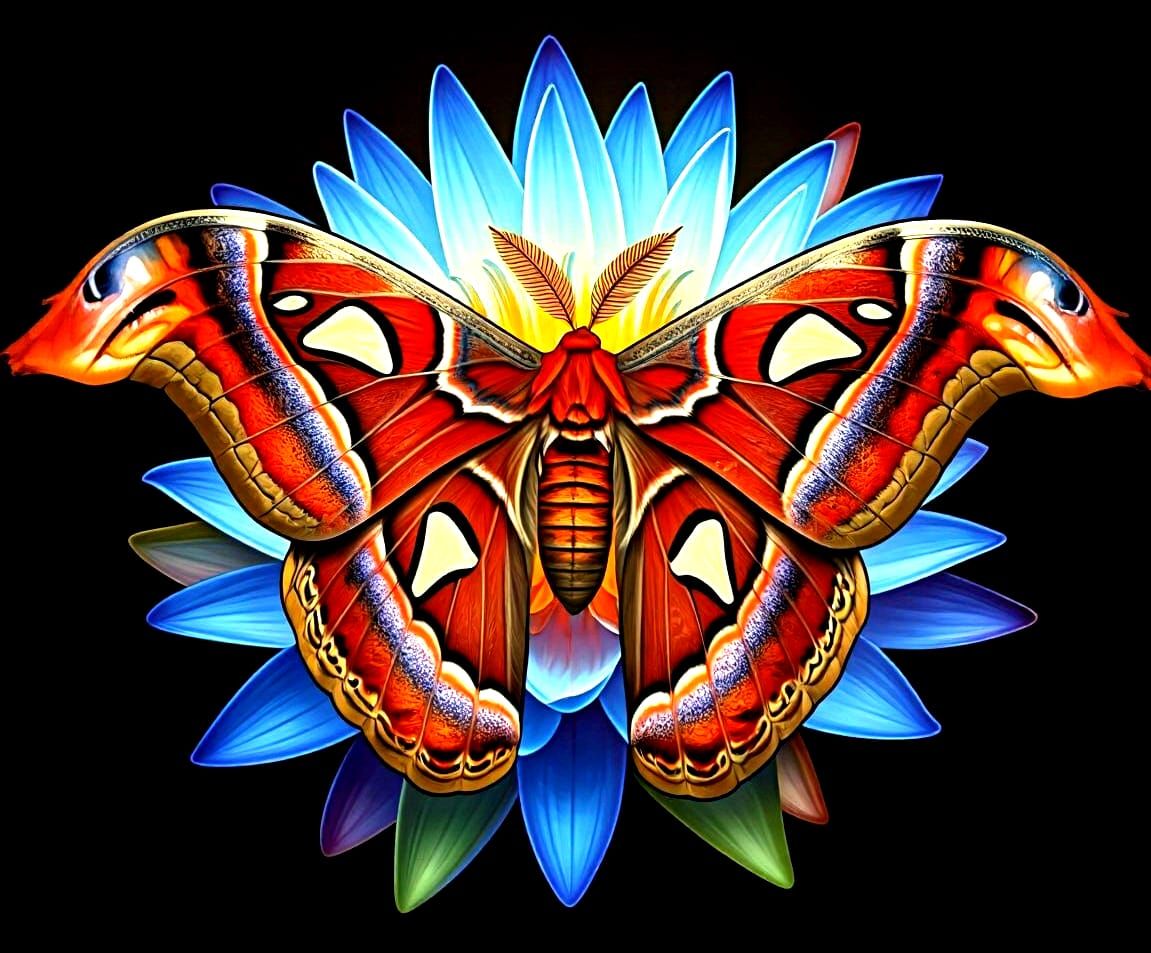 Atlas Moth on Blue Lotus Flower Close-Up
