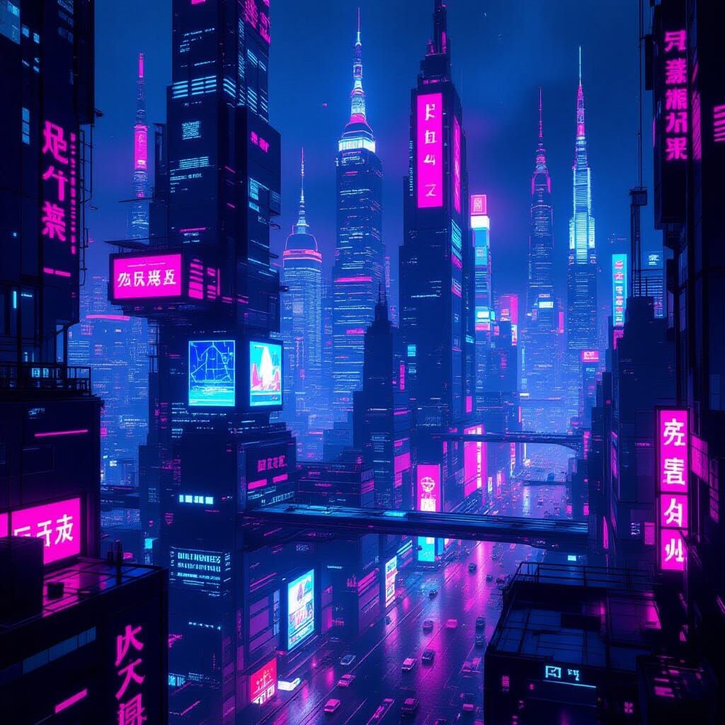 Cyberpunk Metropolis with Neon Skyscrapers in Pink and Blue