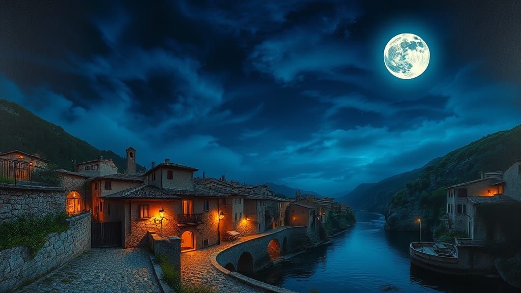 Moonlit Italian Village by River in Oil Painting Style
