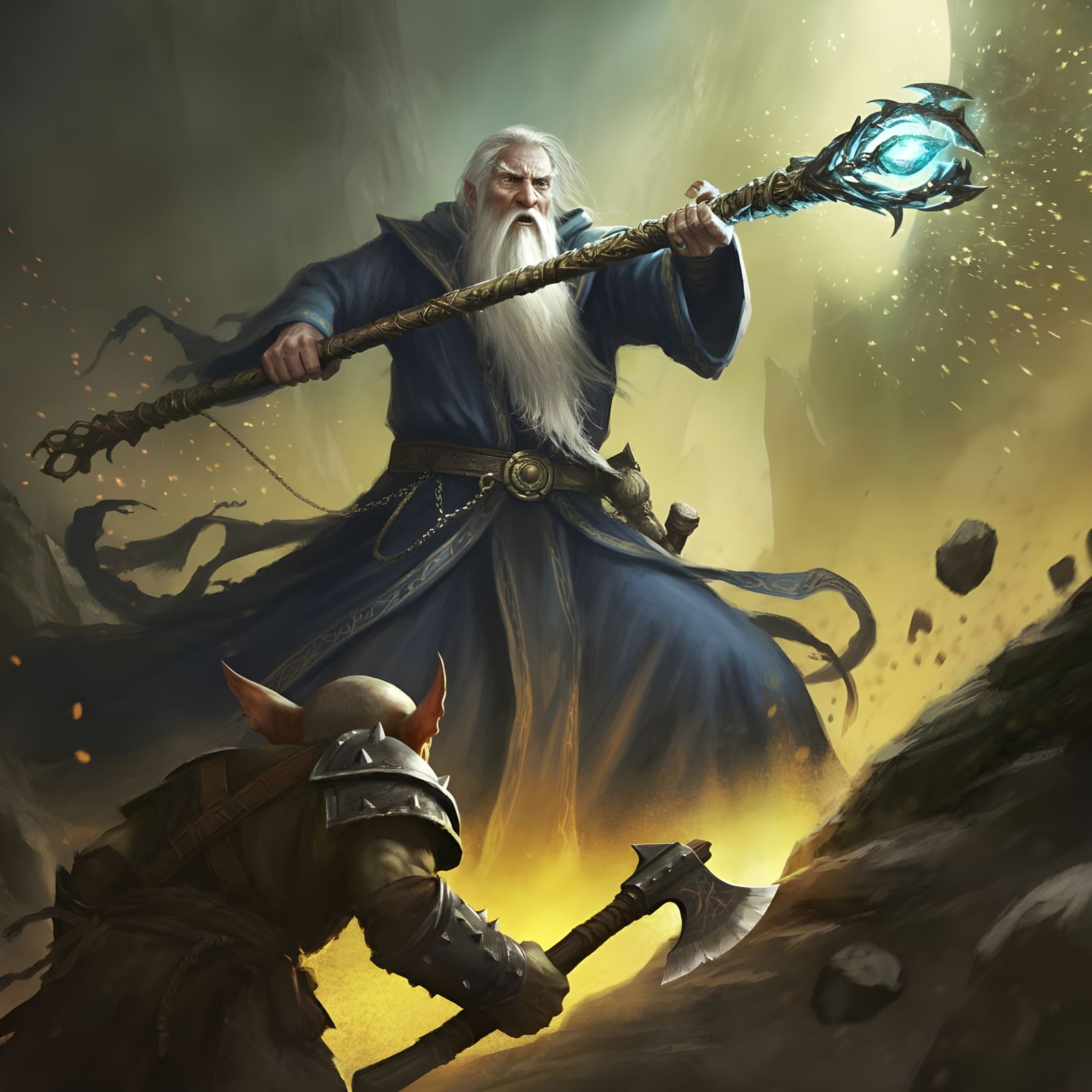 Eldritch Fantasy Wizard Engages Frenzied Gnoll in Battle