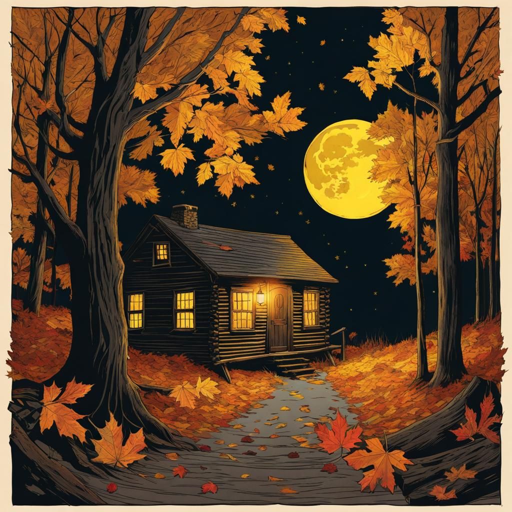 Cozy Autumn Cabin in Graphic Novel Style