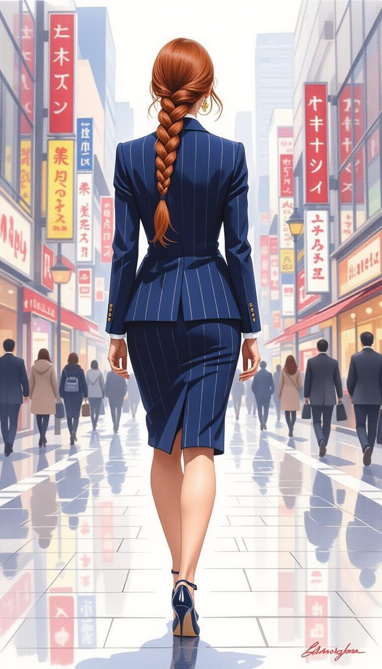 Japanese Entrepreneur in Ginza, Colored Pencil Sketch