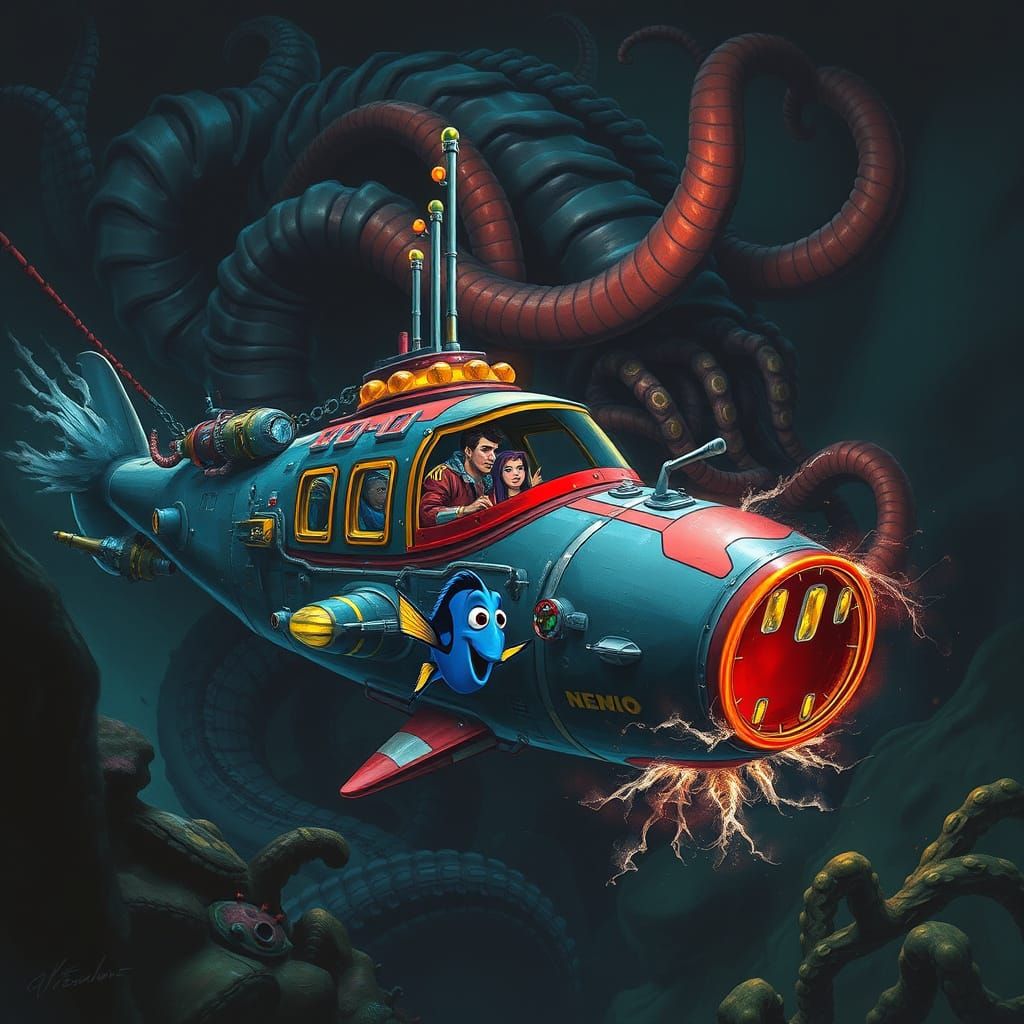 Underwater Battle: Fish vs Kraken in Retro-Futuristic Submar...