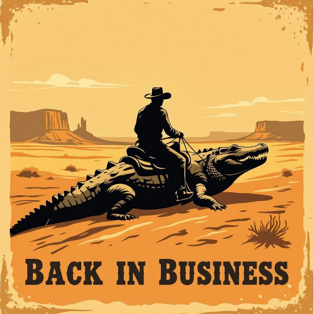 Cowboy Rides Crocodile in Sepia-Toned Desert