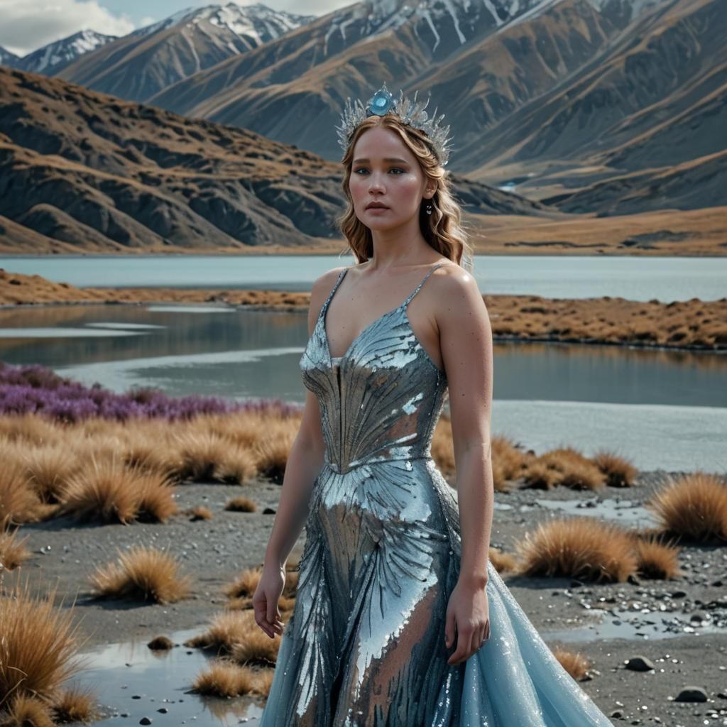 Jennifer Lawrence in Sequined Gown at Lake Tekapo