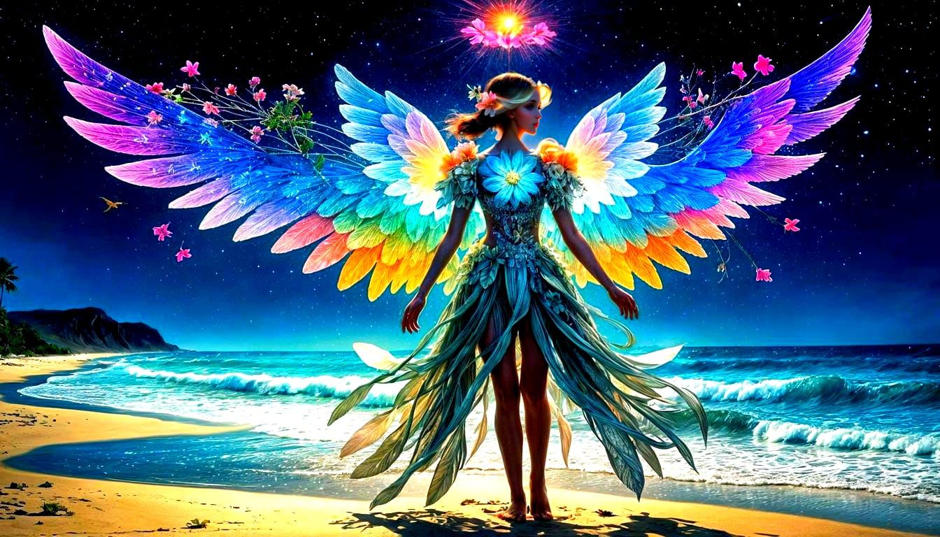 Angel Walking on Beach with Luminous Hibiscus in Vibrant Sur...