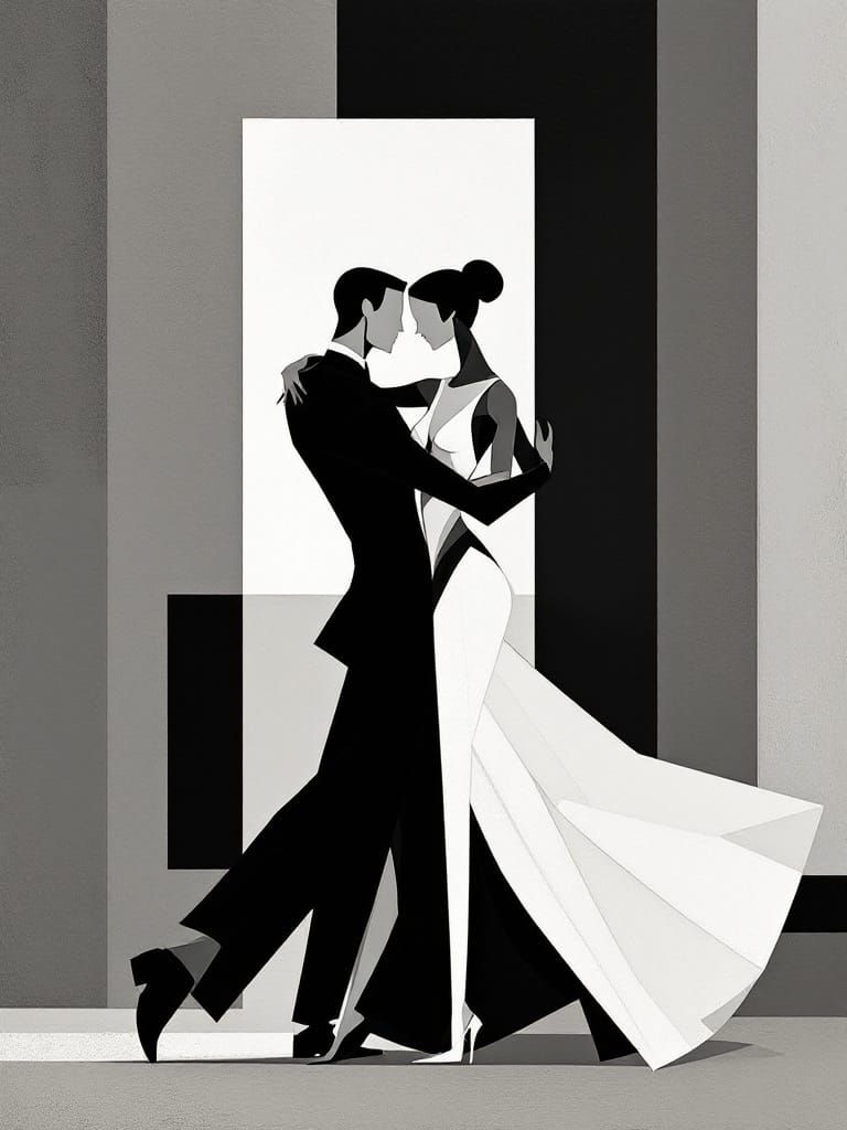 Abstract Tango Dancers in Cubist Style with Bold Black Outli...